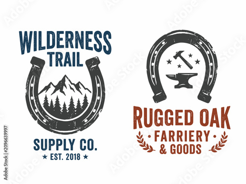 Set of vintage horseshoe logos with mountain and blacksmith elements
