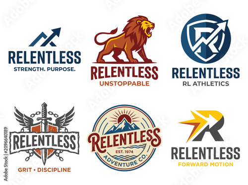 Set of relentless logo designs with various icons and typography styles