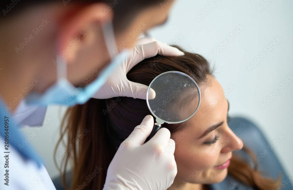 Naklejka premium Dermatologist uses magnifying glass to examine patient hair scalp in medical clinic. Doctor checks skin condition for dandruff psoriasis dermatitis symptoms. Female person receives professional hair