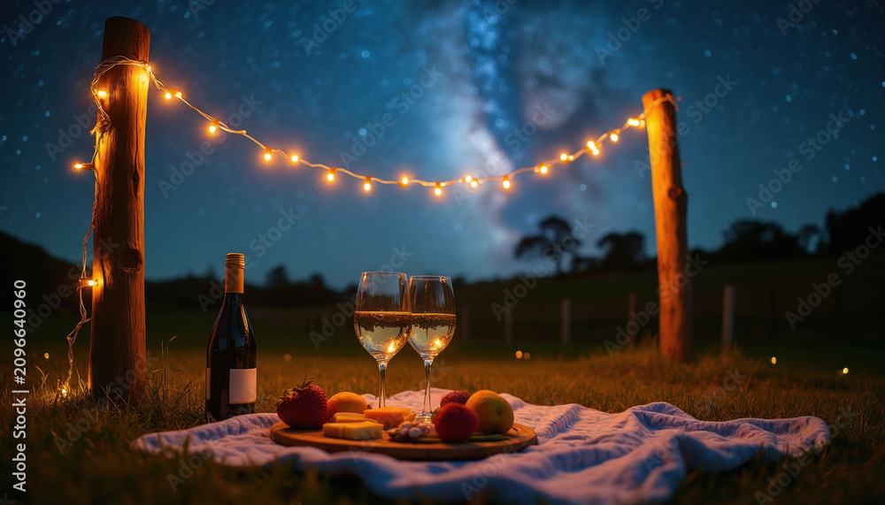 Obraz premium Romantic night picnic in Australian vineyard under starry sky. Wine glasses with bottle sit on blanket near grazing board with fruits, cheese. Glowing string lights hang between wooden posts