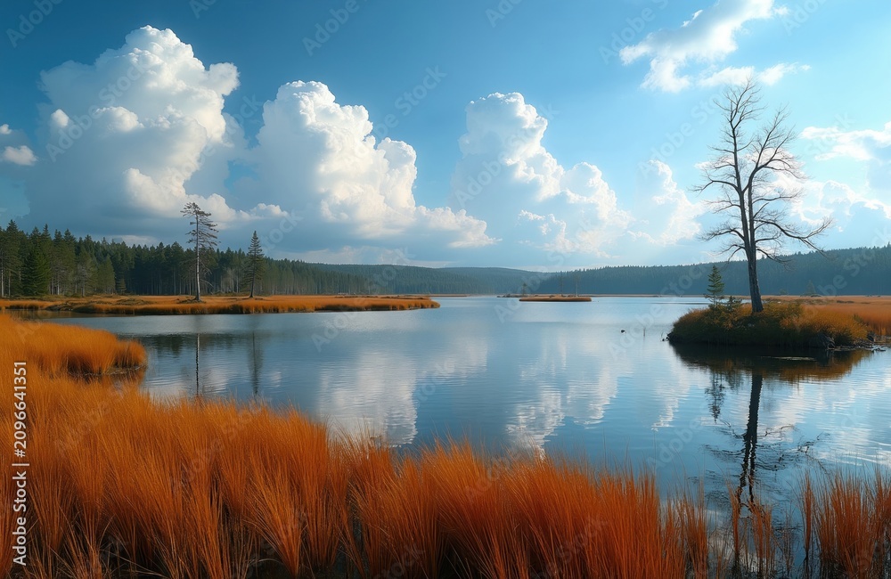 Obraz premium Calm lake water reflects blue sky with white clouds. Orange reeds border marshland with sparse trees and distant forest. Nature scene in summer with serene water body and horizon.