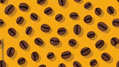 Bild auf Leinwand A vibrant illustration of numerous coffee beans scattered on an orange surface