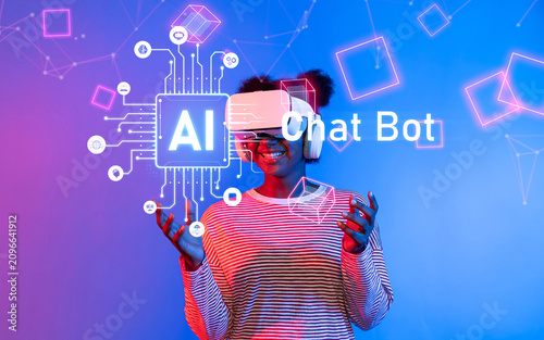 Photography A woman engages with an AI chatbot through a VR headset, immersed in a digital environment