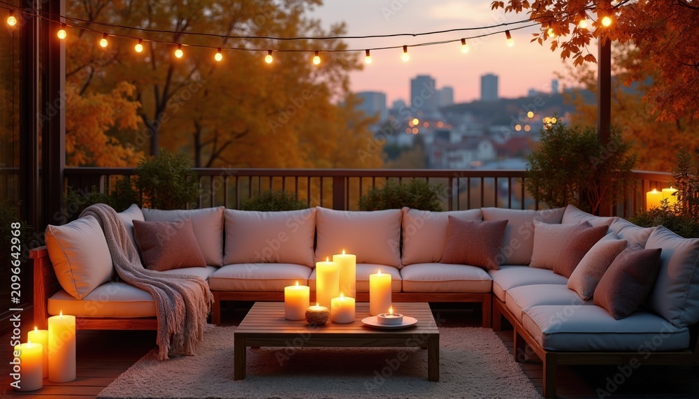 Obraz premium Cozy terrace seating area at dusk with string lights, candles, and autumn foliage. Soft pillows and a throw blanket create a warm, inviting atmosphere for relaxation on the patio.