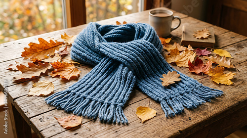 Blue knitted scarf with fringed edges resting on a rustic wooden table surrounded by fallen autumn leaves and a ceramic coffee mug