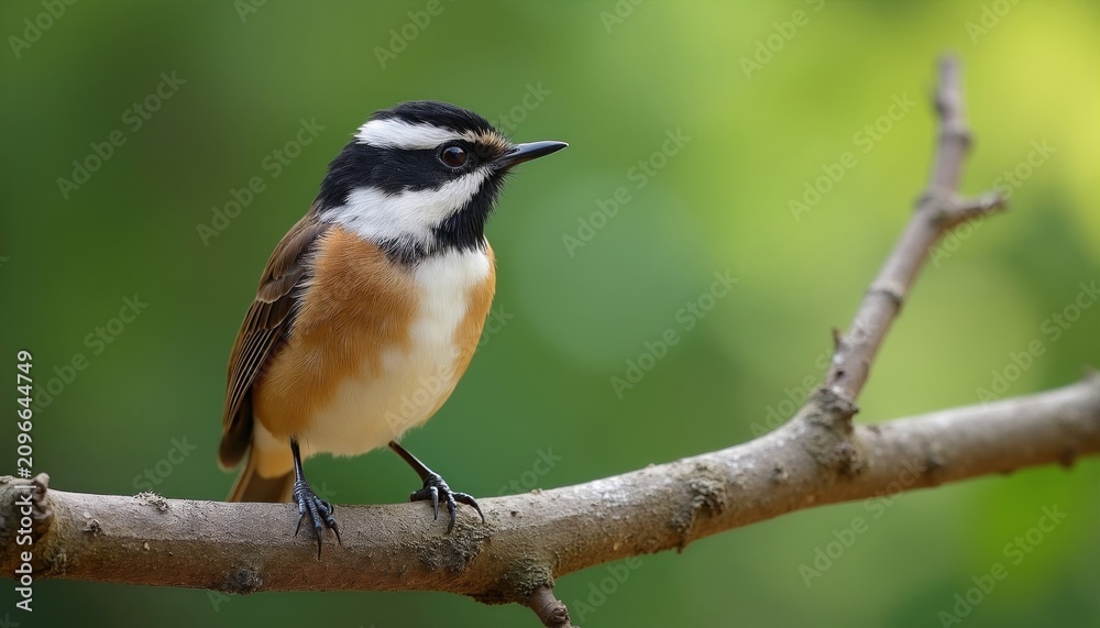 Fototapeta premium Small colorful bird with black white, orange feathers sits on dry tree branch outdoors. Wild avian creature looks into distance in green forest habitat. Animal rests on twig in natural park setting.