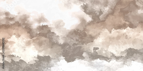 Fotografie Ethereal Cloudscape An abstract watercolor painting depicts a sky filled with soft, diffused clouds, evoking a sense of tranquility and atmospheric depth, with a palette of earthy tones
