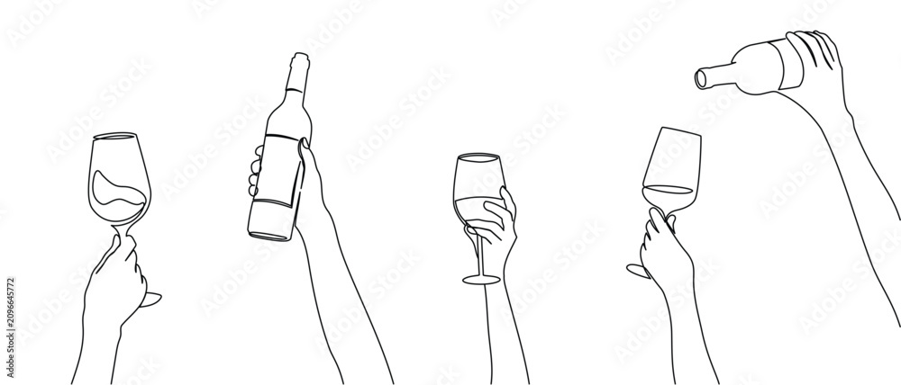 Obraz premium Continuous one line drawing of hand holding wine glasses and bottles. Champagne toast and cheers in simple linear style. Alcohol and cocktail drink menu in editable stroke. Doodle vector illustration