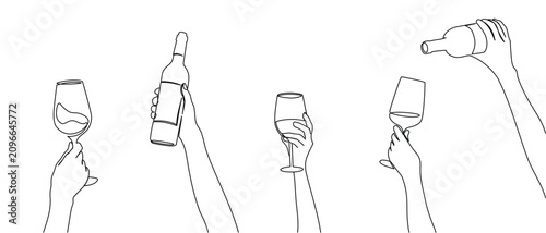 Continuous one line drawing of hand holding wine glasses and bottles. Champagne toast and cheers in simple linear style. Alcohol and cocktail drink menu in editable stroke. Doodle vector illustration