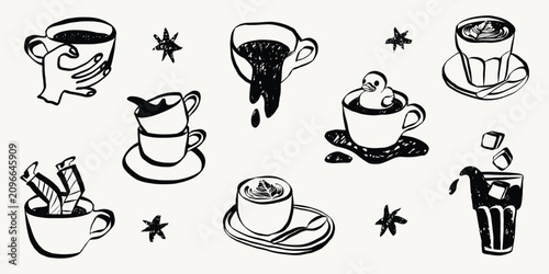 Quirky cafe doodles featuring coffee cups, latte and espresso. Hand-sketched breakfast beverage icons in retro style perfect for menu design projects. Grunge textured Vector Illustration.