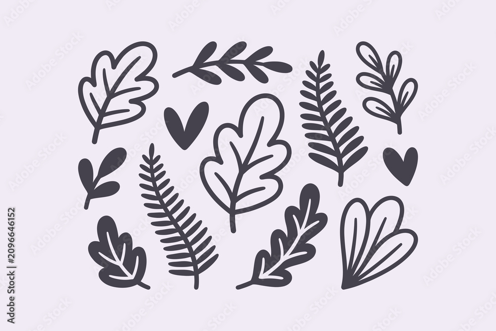 Fototapeta premium Hand drawn botanical elements featuring various leaves and heart shapes arranged in a simple minimalist style on a soft background