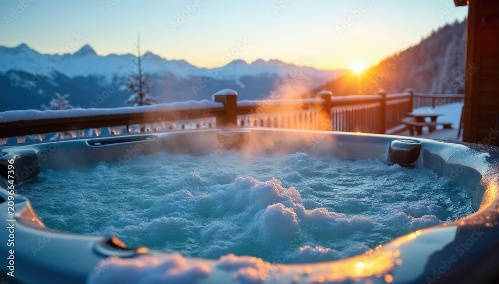 Obraz premium Hot tub with bubbling water outdoors in snowy mountains at sunset. Steam rises from warm water against cold mountain landscape. Enjoy peaceful evening relaxation.