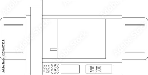Картината върху платно Technical CAD wireframe drawing of an electronic machine, likely a printer or terminal, featuring a central screen, side trays, and a bottom control panel with buttons