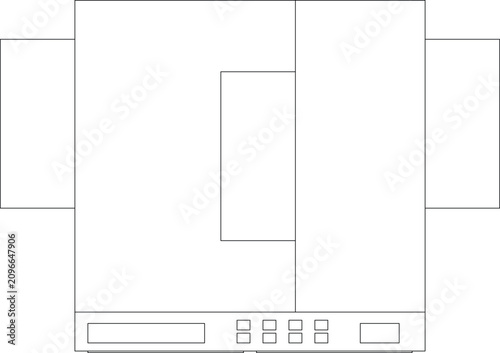 Fotografie Technical CAD drawing of a cabinet or wardrobe unit showing front elevation with door panels, central window cutout, side sections, and ventilated base with decorative grille details