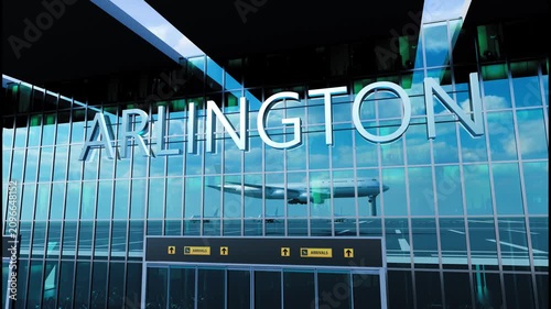 Airlane landing at Arlington, USA. Arrival in the city with reflection of airport and aircraft