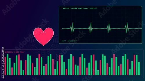 Innovative digital systems perform mental health monitoring by displaying a beating red heart icon next to fluctuating EKG waves and animated emotional bar charts.