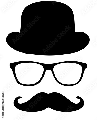 Cuadro en lienzo Black silhouette of bowler hat, glasses, and mustache isolated on transparent ba