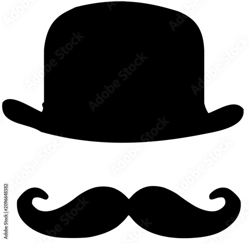 Fotografía Black silhouette of a bowler hat and a curly mustache, isolated on white backgro