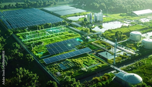 Aerial view of forest solar power station.