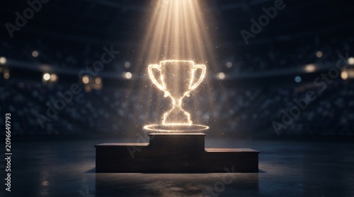A glowing golden trophy sits on a winner's podium in a grand stadium, illuminated by a dramatic spotlight, symbolizing ultimate achievement