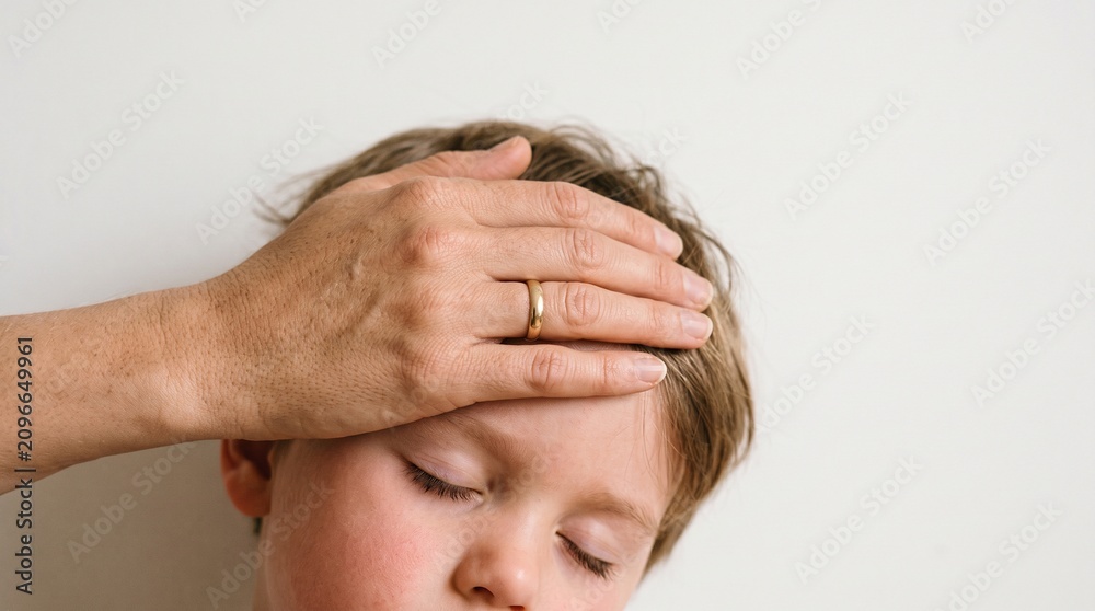 Fototapeta premium Parent checking childs forehead for fever with caring hand