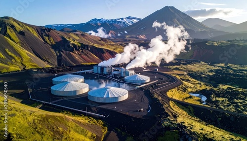 Aerial view of geothermal plant in volcanic landscape.