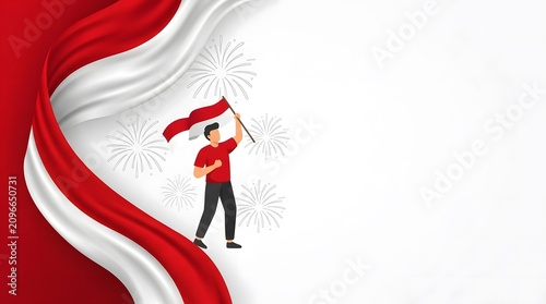 A landscape background illustration for Indonesian independence day featuring a man proudly holding the national red and white flag with an abstract wavy flag border on a clean white background.