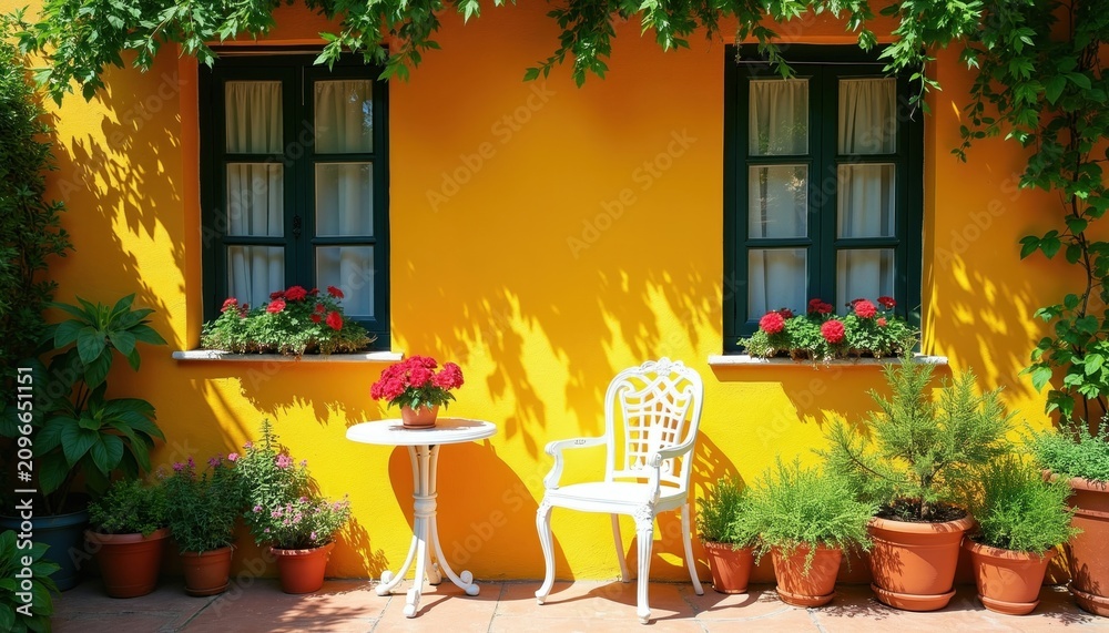 Obraz premium Bright yellow wall with two dark windows. White ornate chair and table sit near potted plants. Red flowers bloom on windowsill, creating sunny garden scene.