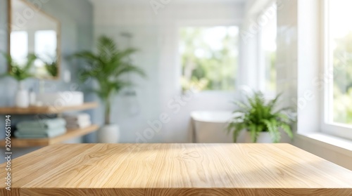 Empty wooden table top in blurred modern spa bathroom background for product display mockup and web banner presentation