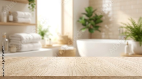Empty wood table top for product display with blurred bathroom interior background for wellness and hygiene concepts.