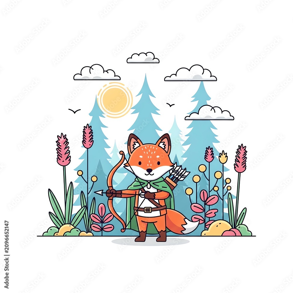 Fototapeta premium Cute Fox Archer in Forest Illustration.
