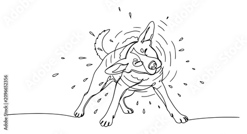 Konstfotografi Dog shaking off water continuous line drawing, minimalist wet pet vector illustr