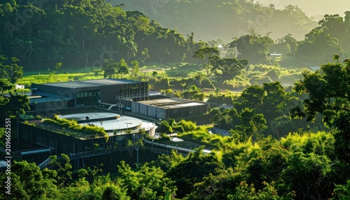Aerial view of green industrial site.