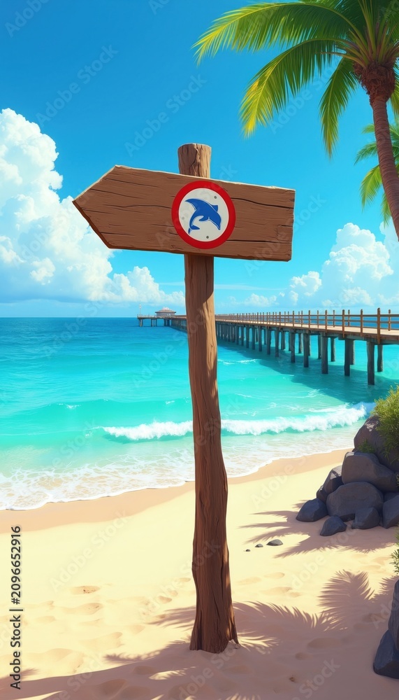 Fototapeta premium Wooden signpost on sandy beach points towards ocean pier. Dolphin symbol on sign indicates marine life presence. Palm trees frame sunny tropical coast.