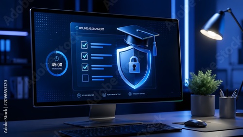 Secure Online Assessment Platform Displayed on a Modern Computer Screen, Emphasizing Digital Education, Exam Integrity, and Remote Learning Technology.