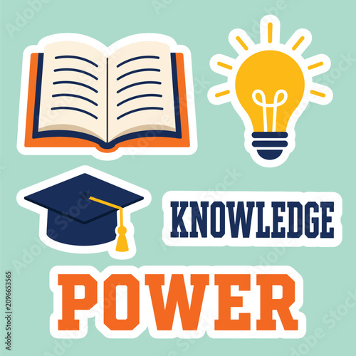 Colorful vector illustration featuring academic symbols like an open book lightbulb and a graduation cap hat