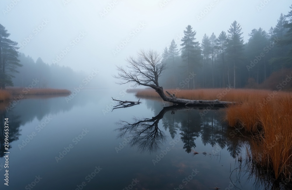 Obraz premium Foggy morning at swamp lake in autumn season. Calm water reflects bare tree, pine forest. Misty weather creates mysterious atmosphere in nature park. Orange dry grass grows along river bank. Cold air