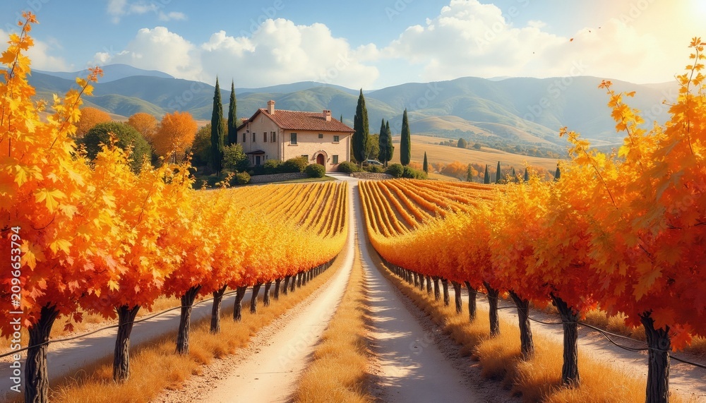 Obraz premium Scenic vineyard landscape with bright autumn foliage covering grape vines under blue sky. Countryside farm house stands on hill surrounded by orange leaves in fall season. Rural agricultural estate