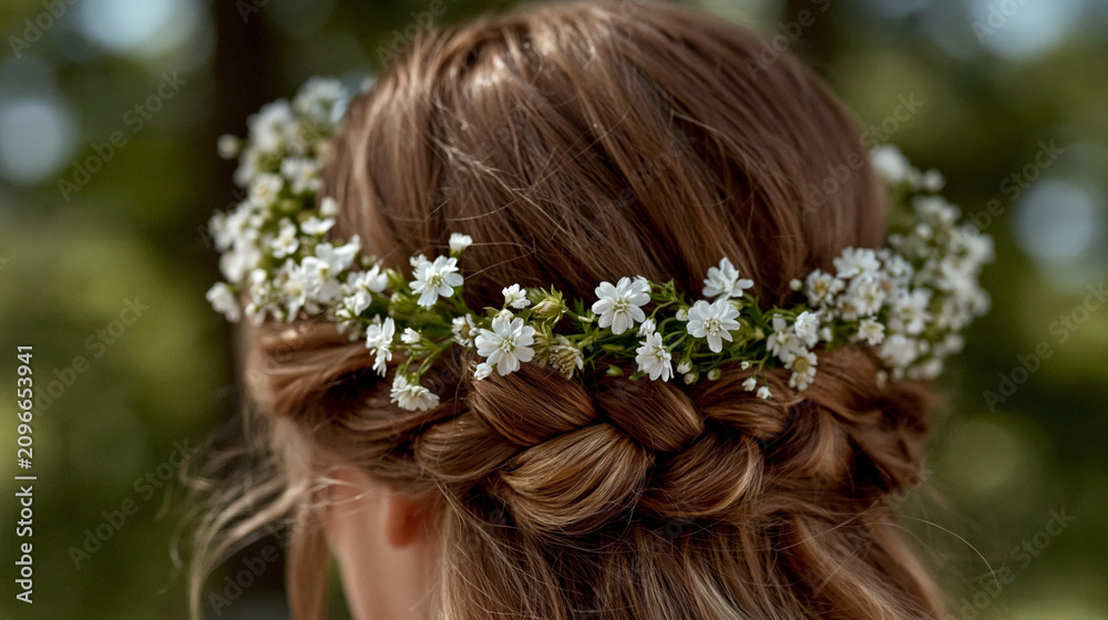 Naklejka premium Rear view of a woman with braided chestnut hair wearing a delicate crown of tiny white wildflowers, set against a soft natural green forest background