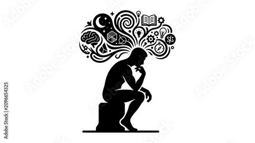 Photos Silhouette of a person thinking, ideas flowing from head, abstract shapes, icons