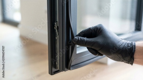Replacing Black Rubber Seal Gasket on Modern Charcoal Grey Window Frame - Professional Home Insulation and Draft Prevention Concept