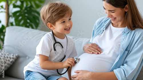 Child listens to heartbeat of baby in womb with stethoscope during family time at home in summer Generative AI