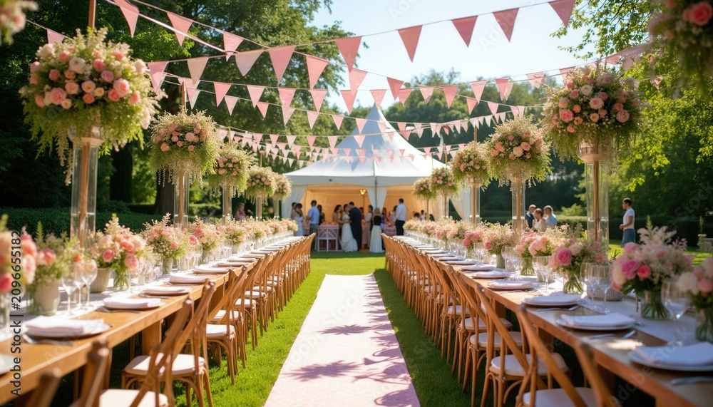 Fototapeta premium Elegant outdoor wedding reception with long dining tables in garden. Floral centerpieces decorate tables under pink bunting flags. Luxury white tent stands on green lawn during sunny day. Guests