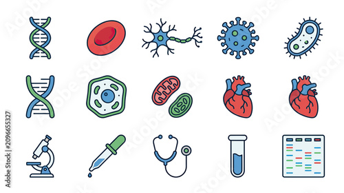 Bild auf Leinwand Medical Science Icons: DNA, Blood Cell, Neuron, Virus, Bacteria, Heart, Microsco