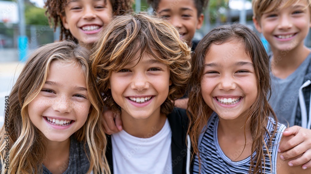 Obraz premium Group of young kids smile and pose together on a basketball court after a game during a sunny afternoon Generative AI