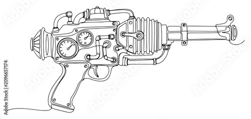 Konstfotografi Steampunk raygun blaster with mechanical gauges and pipes in minimalist line art
