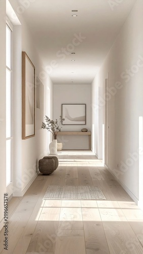 Bright minimalist home interior hallway with light wood floor, soft natural sunlight, and modern decor elements