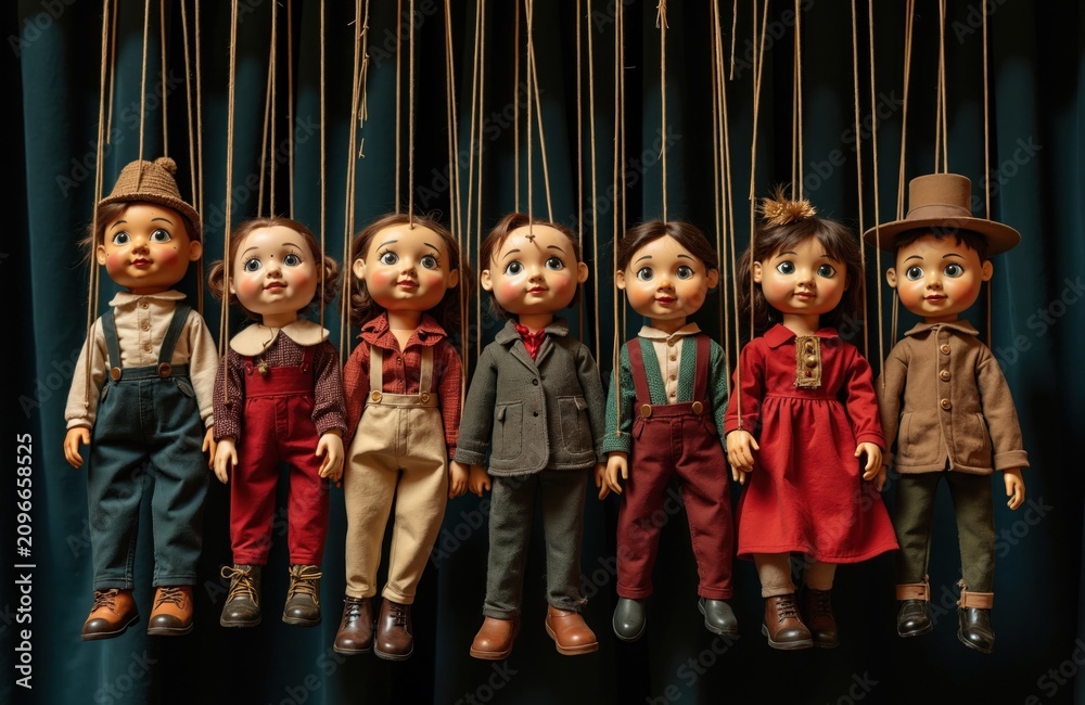 Obraz premium Collection of seven vintage marionette puppets hanging on strings against dark green curtain background. Traditional wooden dolls dressed in antique clothes for theatre performance show. Kids toys