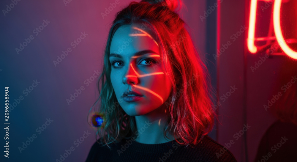 Obraz premium Young woman with neon light streaks across face in dark room artistic portrait.
