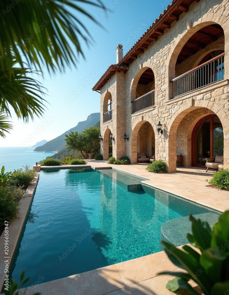 Obraz premium Stone mansion with arch balcony features infinity pool overlooking blue ocean sea. Sunny mediterranean villa exterior displays limestone architecture near coastal cliff landscape. Premium resort